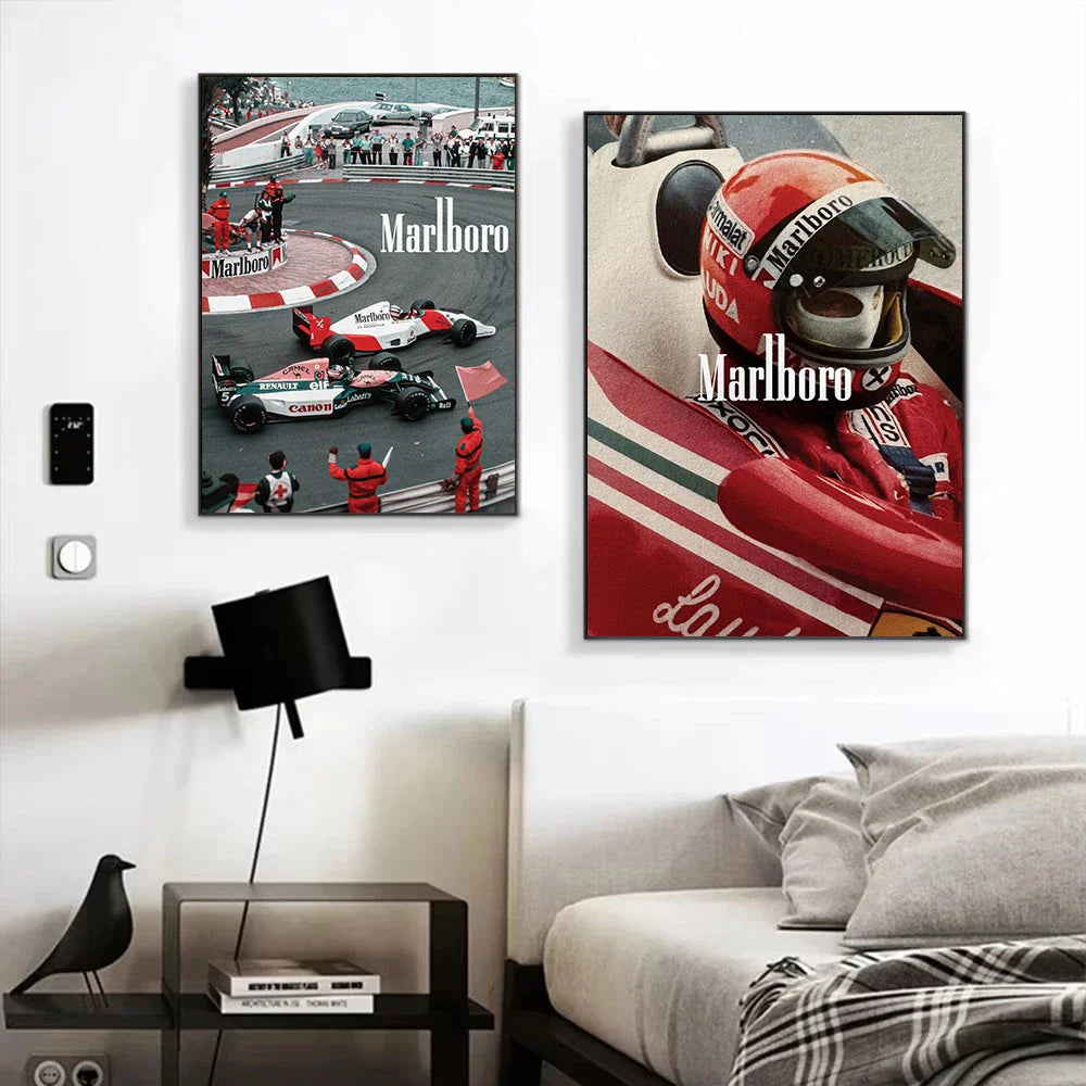 A canvas art print featuring a vintage Formula 1 car and a Marlboro helmet in red and black tones.