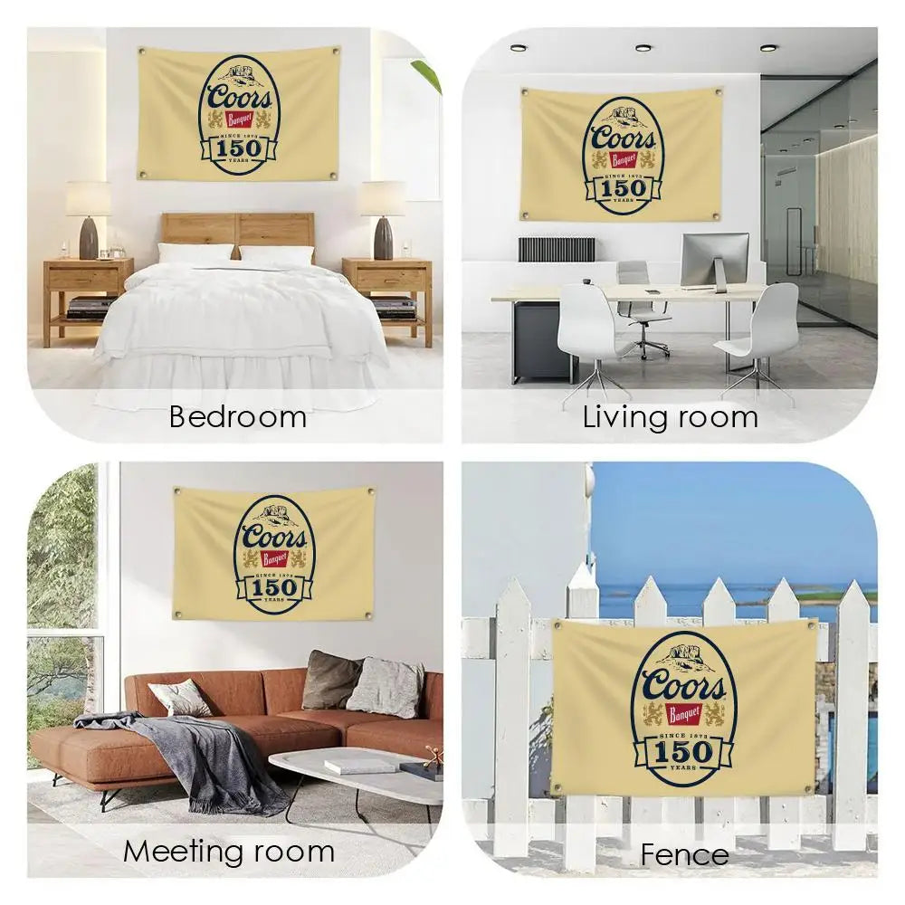 Four images showing a Coors Banquet Beer logo wall banner in various contexts: bedroom, living room, meeting room, and fence.