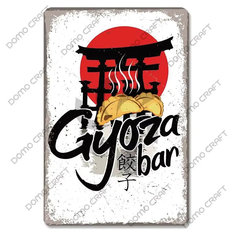 Vintage metal tin sign featuring Japanese characters and steam rising above a red sun, used for wall décor.