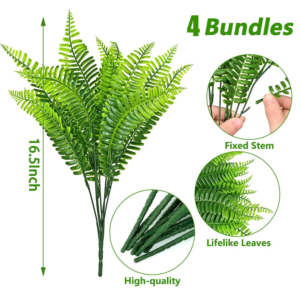 Four bundles of artificial Boston ferns with fixed stems and lifelike leaves for home decor