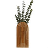 Modern farmhouse wall planter featuring green eucalyptus leaves in a wooden arched planter.