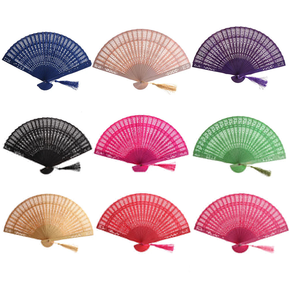 Collection de neuf éventails pliants en bois élégants de diverses couleurs : bleu, beige, violet, noir, rose et vert