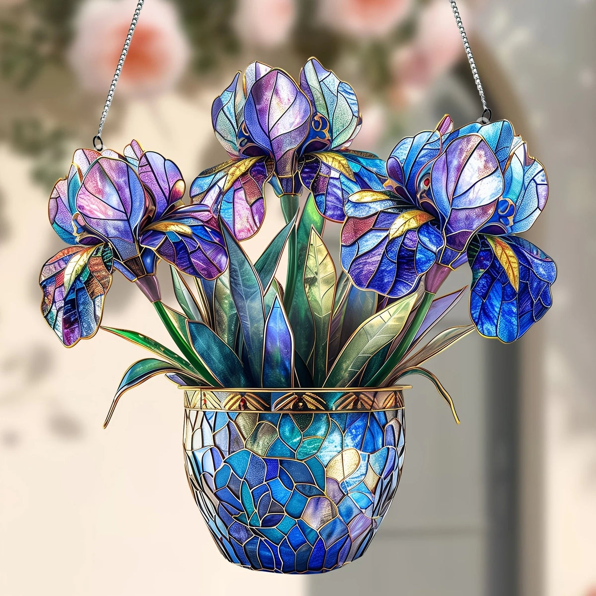 A hanging ornament featuring vibrant blue and purple acrylic flowers in a textured glass pot.
