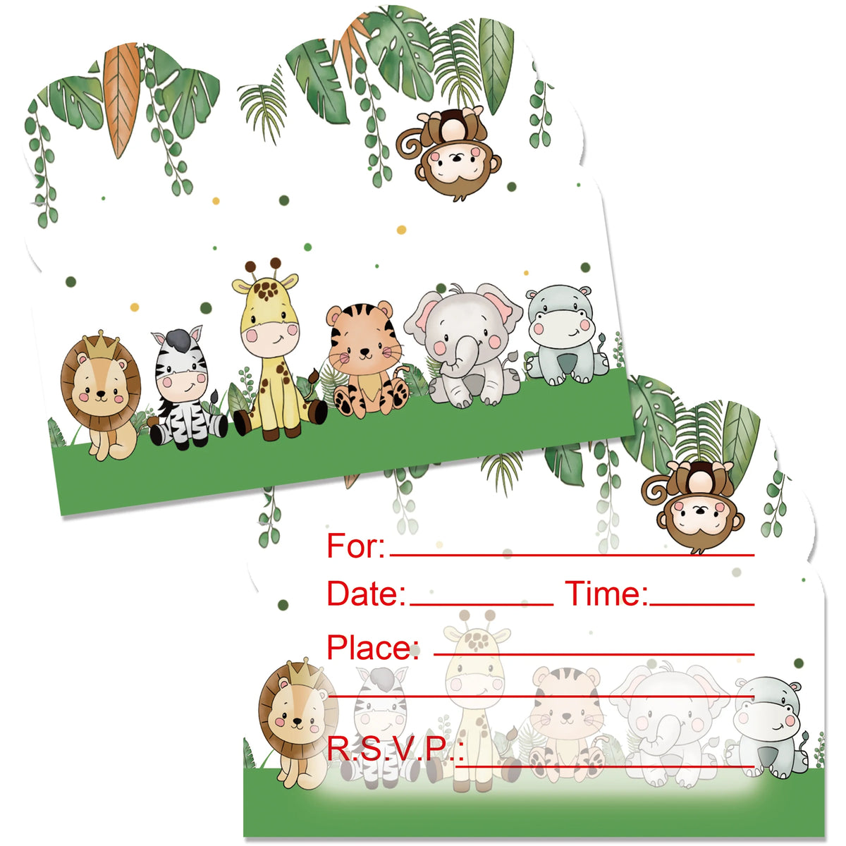 A set of cute jungle safari animal illustrations for a birthday party invitation design.