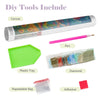 DIY tools include canvas, pen, plastic tray, diamond, repeatable bag, and adhesive for a painting kit.
