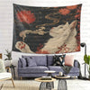 A tapestry featuring a white cat smoking under a moon with orange and red accents on a dark background.