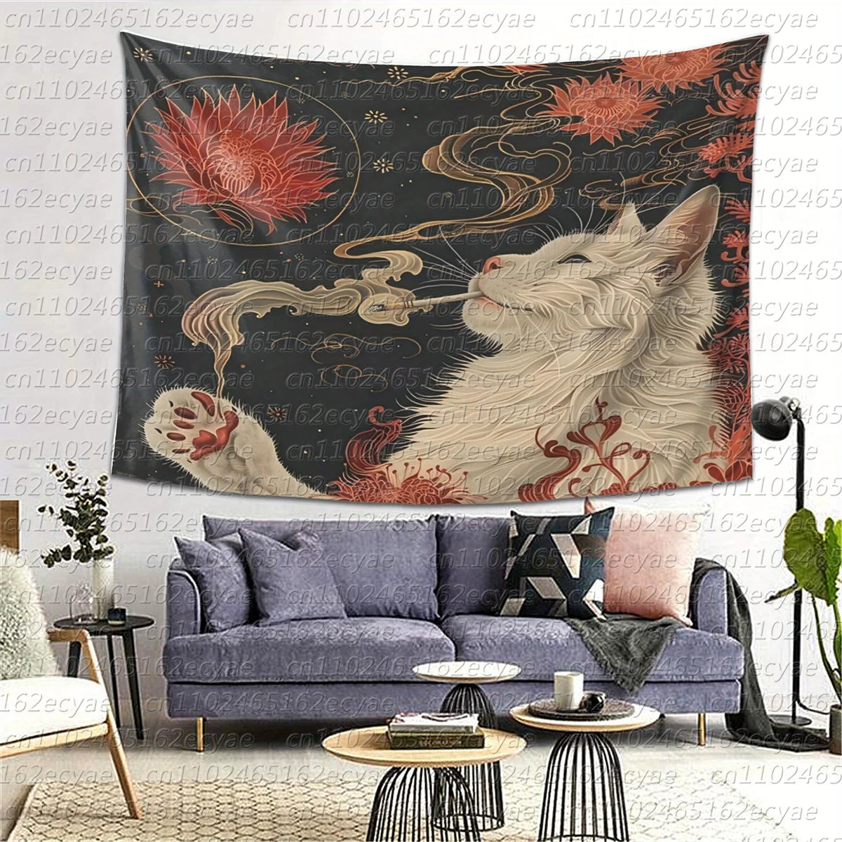 A tapestry featuring a white cat smoking under a moon with orange and red accents on a dark background.
