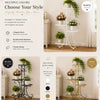 A set of three elegant metal plant stands in white, black, and gold for displaying indoor and outdoor plants.