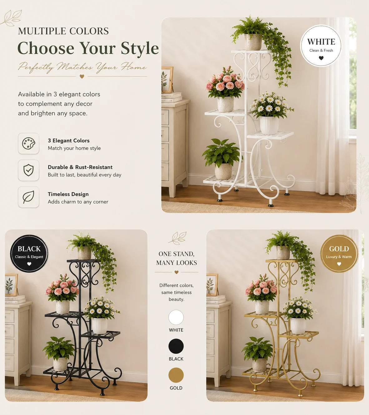 A set of three elegant metal plant stands in white, black, and gold for displaying indoor and outdoor plants.