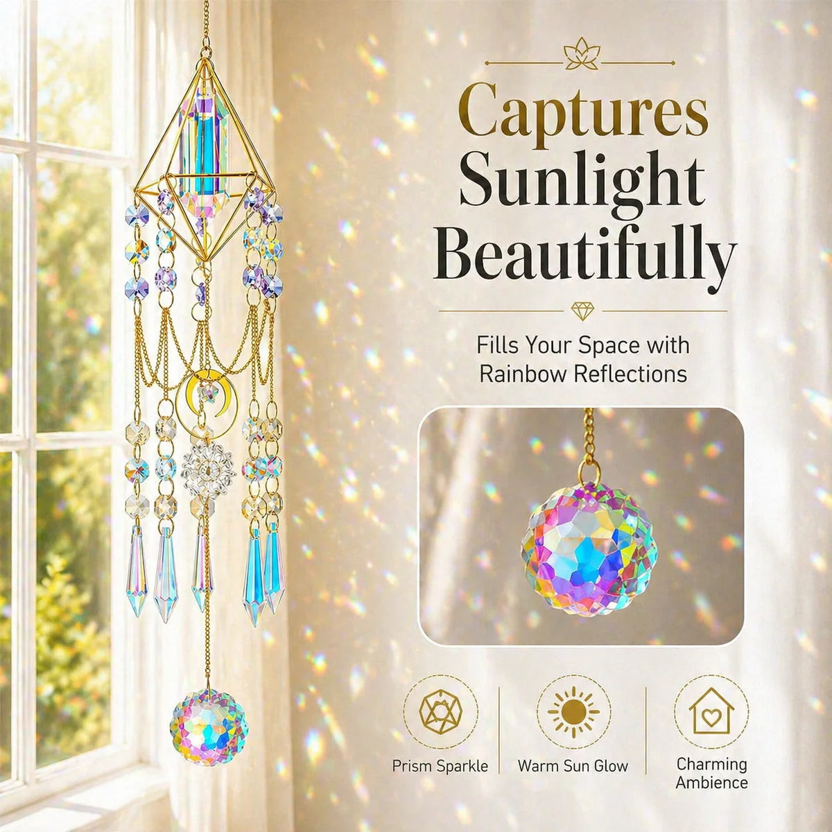 A crystal prism suncatcher hangs by a gold geometric frame, capturing sunlight and creating rainbow reflections.