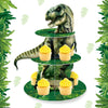 A three-tier dinosaur cupcake stand featuring a dinosaur figure and yellow cupcakes for party decor.