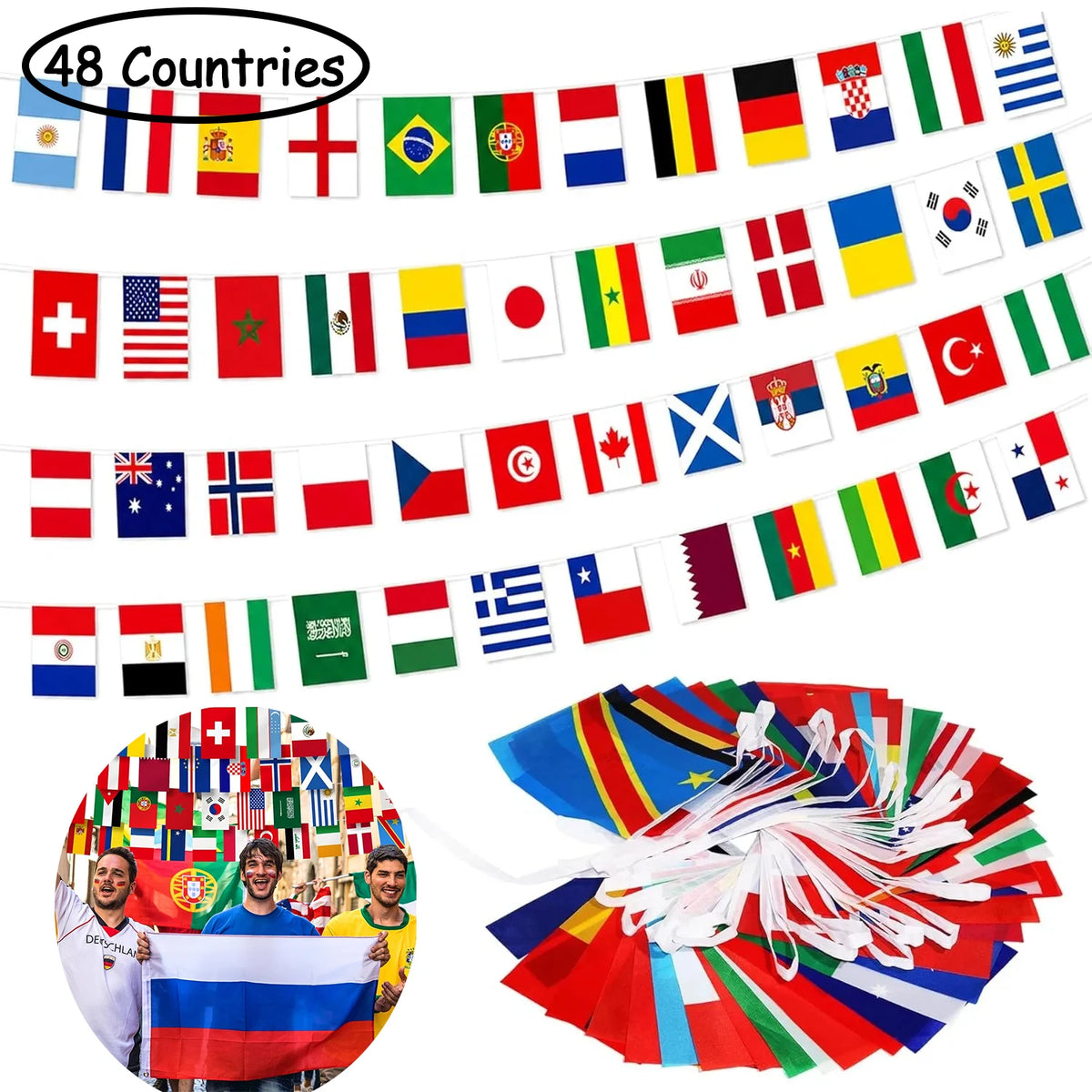 A colorful bunting banner displaying flags of 48 countries.