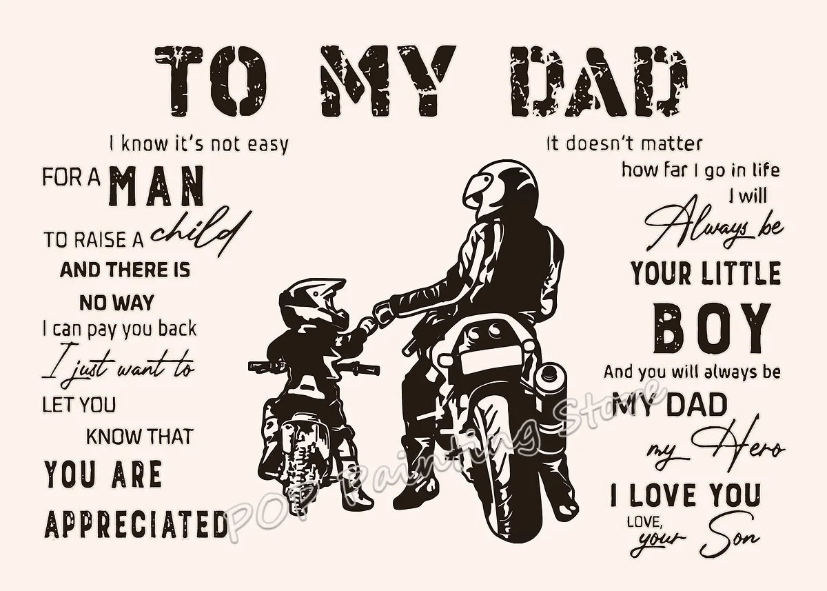 A black and white graphic featuring a heartfelt quote to a dad with an illustration of a motorcycle.