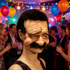 A realistic old man horror mask with a painted face and mustache is displayed in a dimly lit party setting.