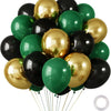 A bunch of chrome latex balloons in shades of black, gold, and green.