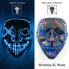 A black EL mask with neon blue wire details, shown in both light and no light status.