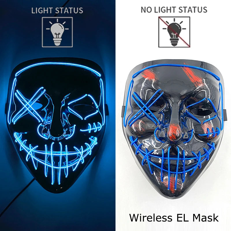 A black EL mask with neon blue wire details, shown in both light and no light status.