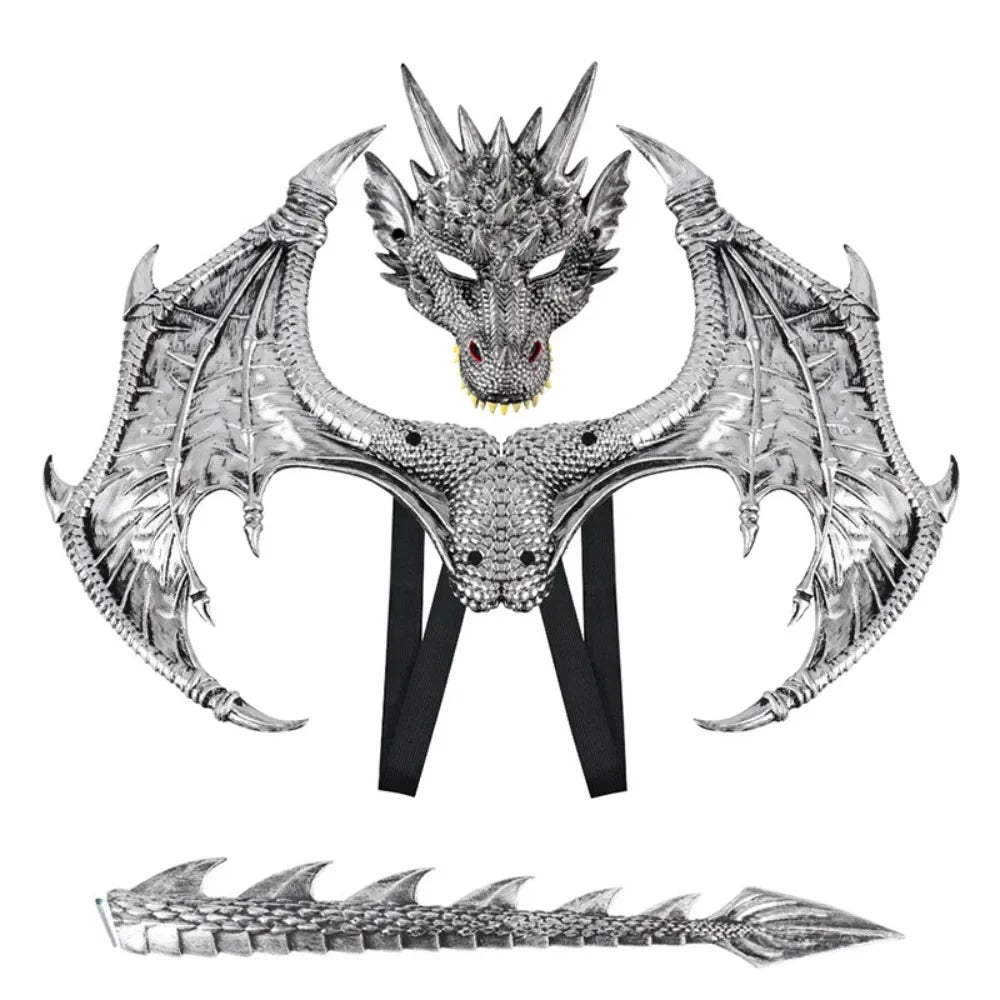 A silver dragon wings and tail cosplay costume set for kids, featuring a detailed skeletal design.