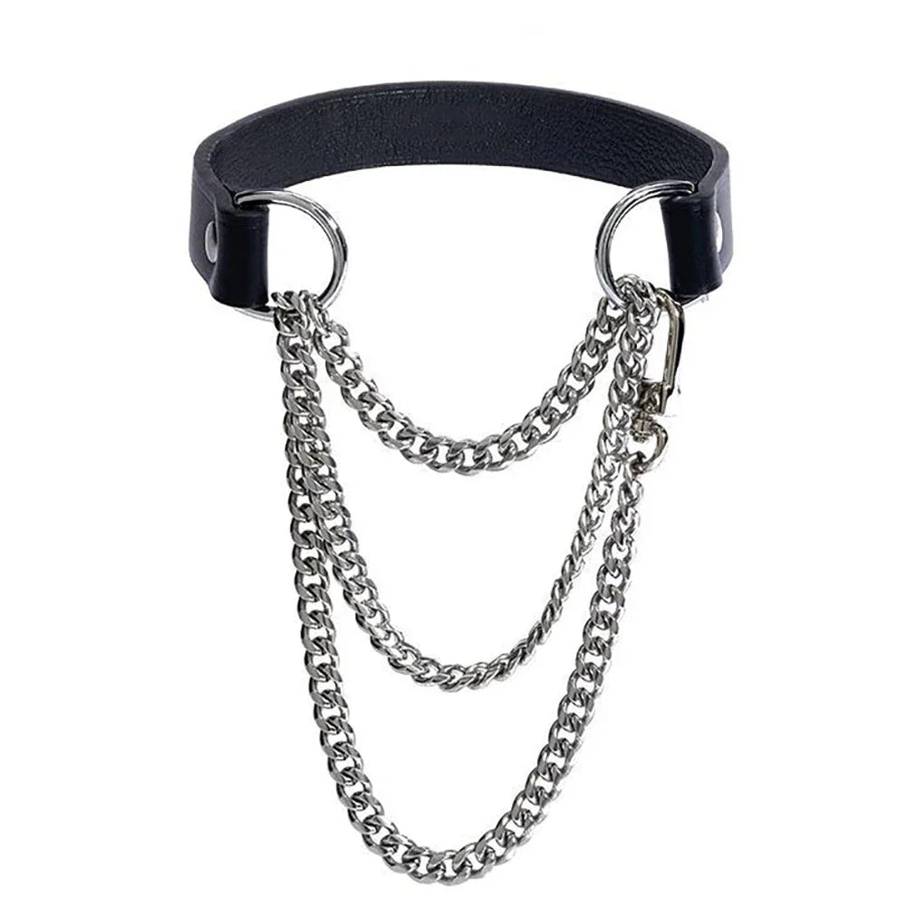 A black leather choker necklace featuring a triple-layer silver chain design.