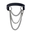 A black leather choker necklace featuring a triple-layer silver chain design.