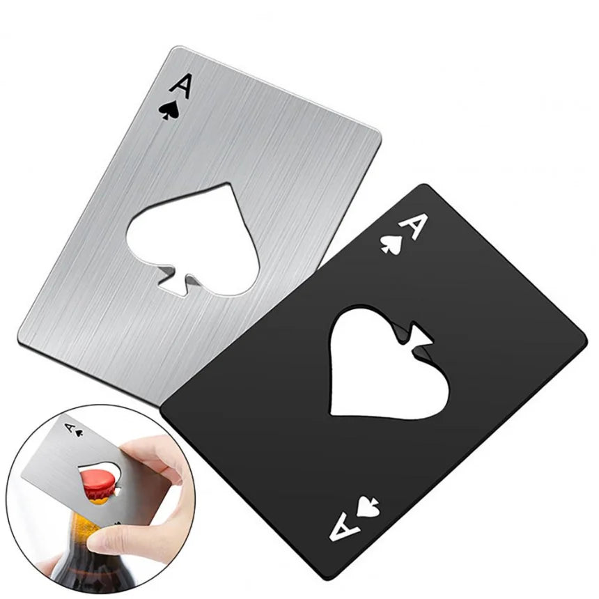 A stainless steel bottle opener shaped like a spade, shown next to its corresponding card and a bottle.