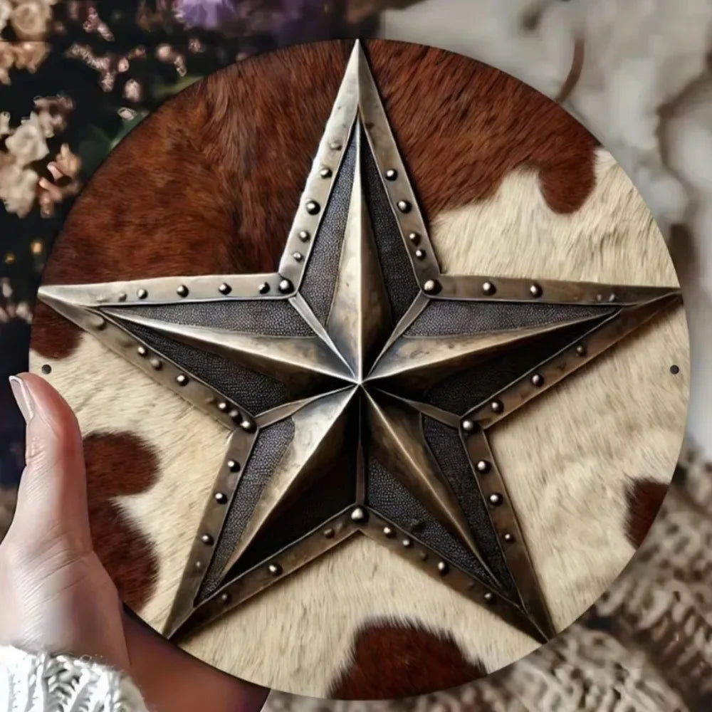 A vintage western cowboy star metal sign crafted from leather and wood, set against a brown and white fur background.