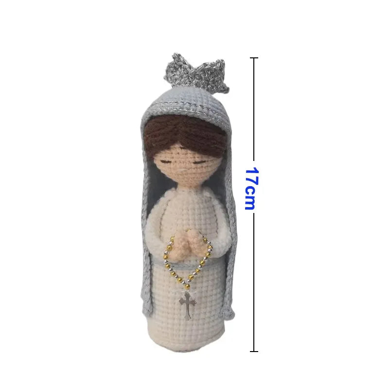 Handcrafted Virgin Mary crochet doll with a gray bonnet and gold necklace
