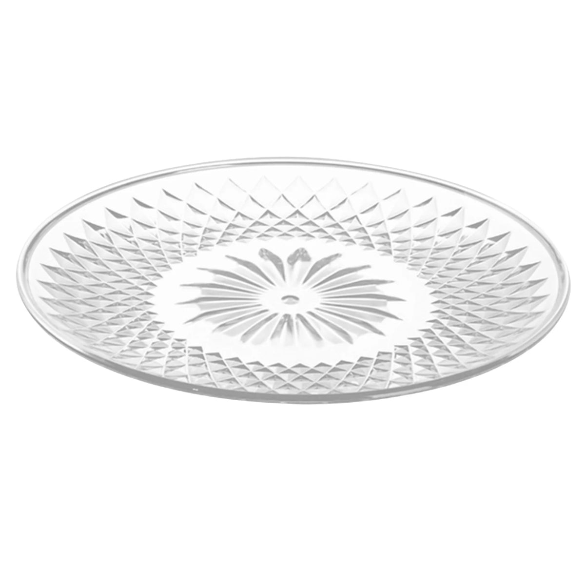 Clear acrylic serving plate with a decorative, radiating pattern for fruit or appetizers.