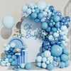 A blue latex balloon garland featuring various shades of light and dark blue balloons arranged in an arch shape.
