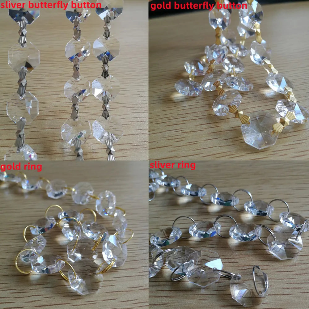 A collection of silver and gold butterfly buttons, rings, and glass bead strands for home decor.