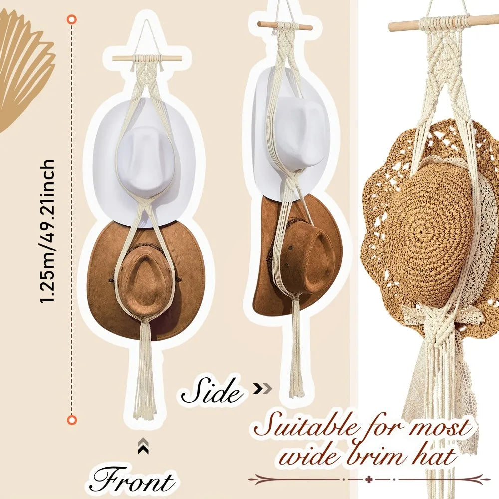Macrame hat hanger displaying a wide-brim hat in brown and beige tones for wall storage