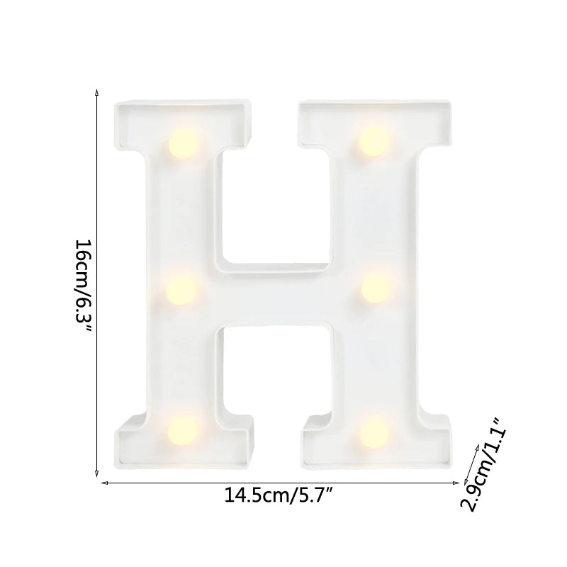 A white alphabet letter light display with an H shape, featuring warm white LED lights.