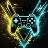 A glowing neon outline of a video game controller centered on a triangular background with electric blue and yellow light eff
