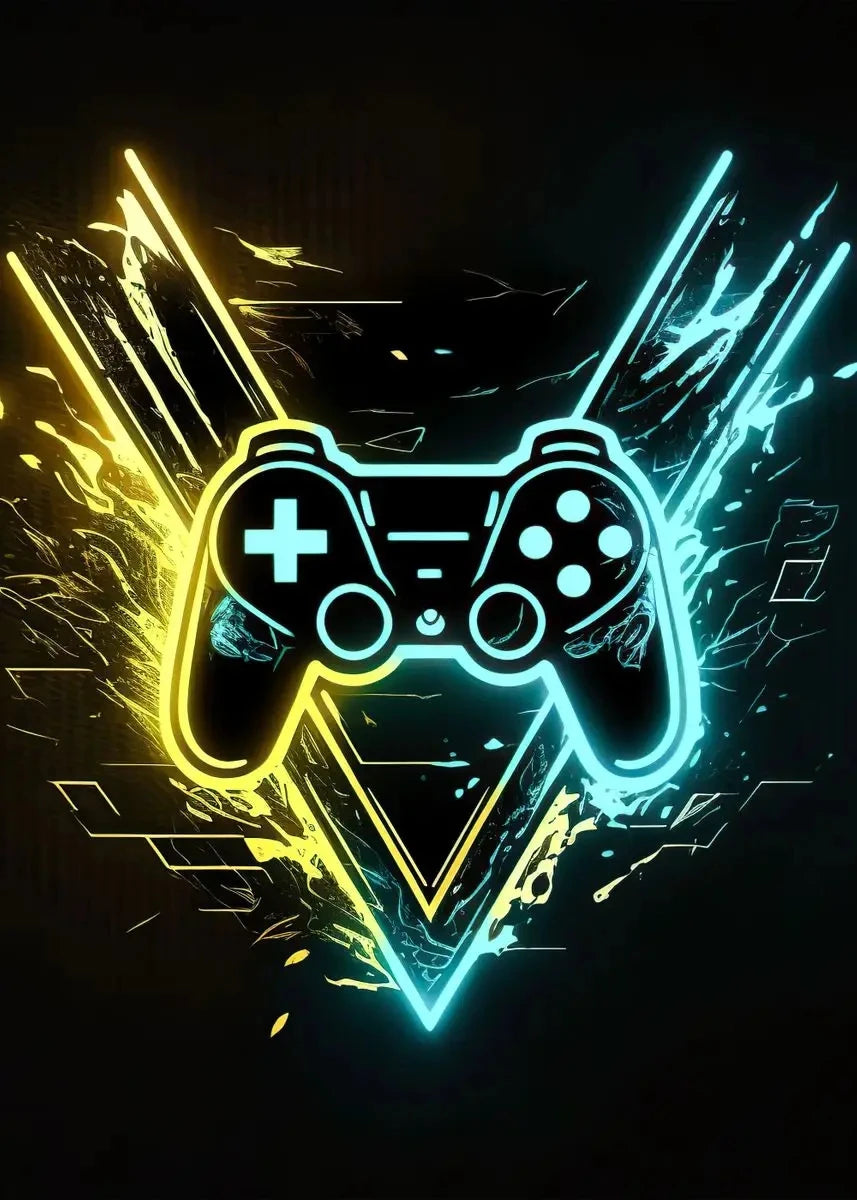 A glowing neon outline of a video game controller centered on a triangular background with electric blue and yellow light eff
