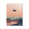 Minimalist canvas wall art featuring a sunset sky with a silhouette of an airbender flying above mountain ranges.
