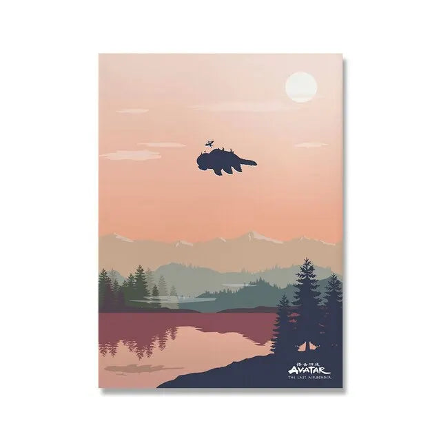 Minimalist canvas wall art featuring a sunset sky with a silhouette of an airbender flying above mountain ranges.