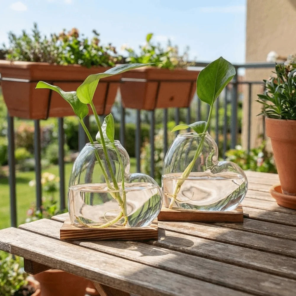 A clear glass vase shaped like a heart holds a green plant on a wooden stand placed on a wooden table.