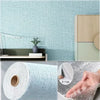 Close-up of self-adhesive 3D linen texture wallpaper panels showing a roll and a finished textured surface.