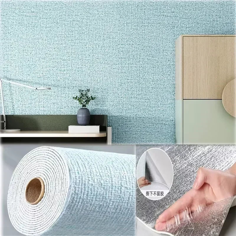Close-up of self-adhesive 3D linen texture wallpaper panels showing a roll and a finished textured surface.