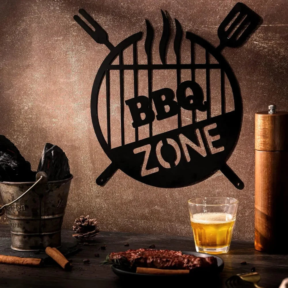 Black retro BBQ zone wall decor featuring a silhouette of crossed BBQ tools and the text BBQ ZONE on a rustic wooden surface.