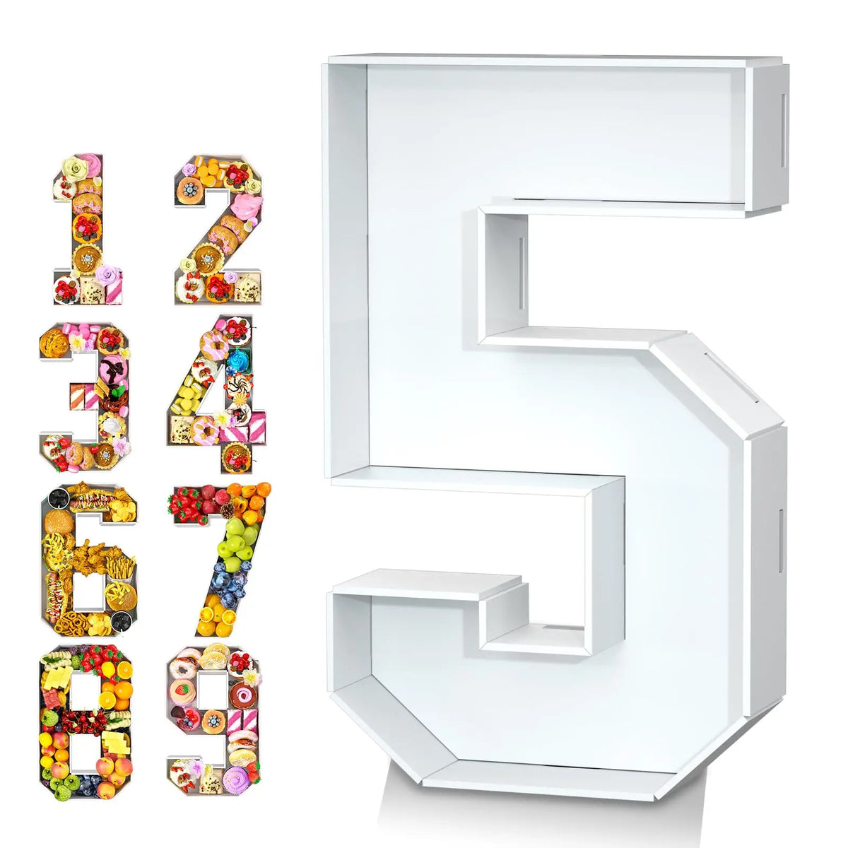 A set of fillable cardboard numbers 1 through 9 displayed next to a large number 5 tray.