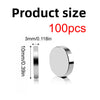 Image showing 10mm round disc magnets, with a scale indicating 3mm/0.118in size, packaged in 100 pieces.