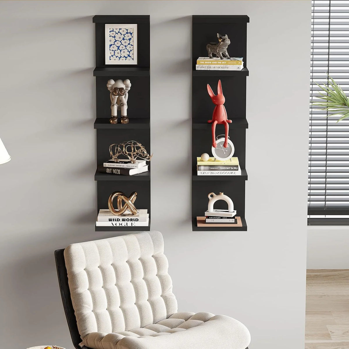 A five-tier wall-mounted storage shelf displaying various animal figurines and decorative objects.