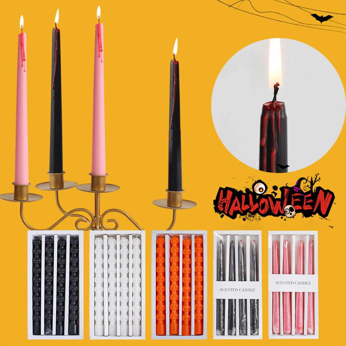 Set of four gothic vampire tears taper candles with dripping blood effect in various colors