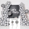 Chrome silver metallic balloon garland arch kit featuring various sized balloons and a display stand