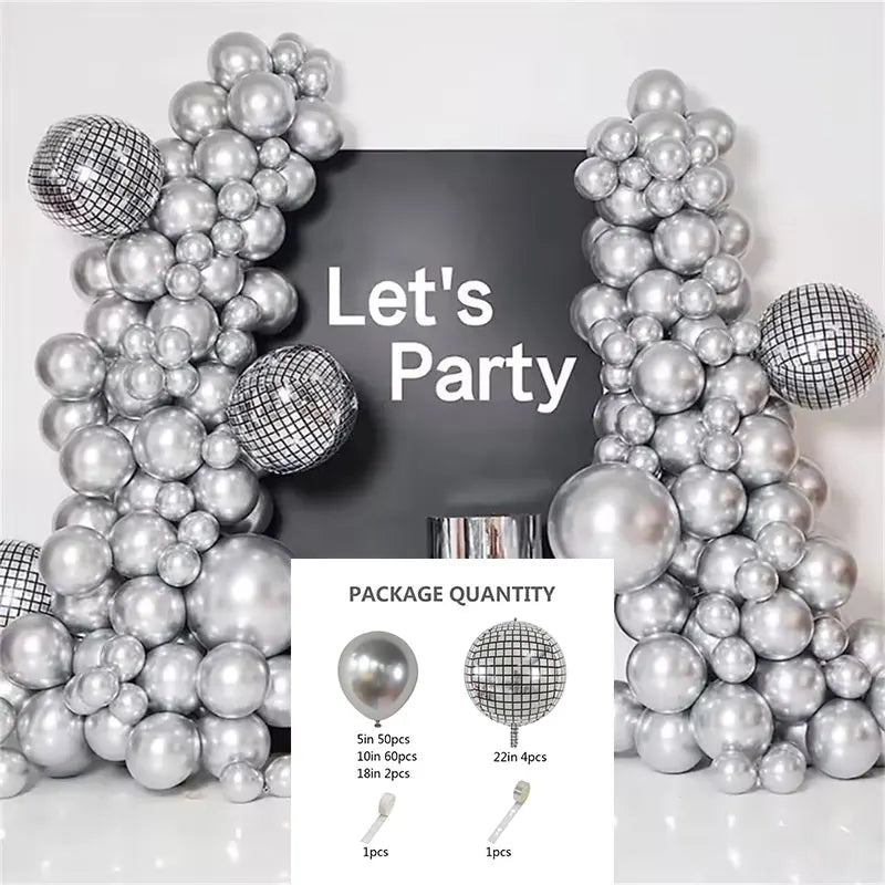 Chrome silver metallic balloon garland arch kit featuring various sized balloons and a display stand