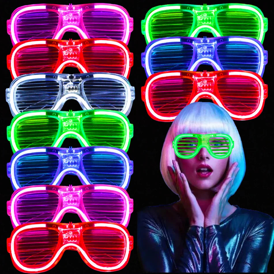 A collection of various LED light-up glow glasses displayed in a grid, with a woman wearing a pair.