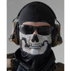 A person wearing a black skull pattern ice silk face mask and sunglasses.