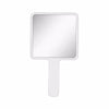 A compact handheld makeup mirror with a square reflective surface and an ergonomic handle.