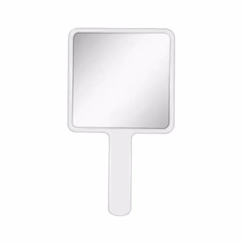 A compact handheld makeup mirror with a square reflective surface and an ergonomic handle.